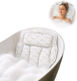 Wavy 4D Air Mesh Bath Pillow for Tub Neck and Back Support | Includes 6 anti-slip suction cups and a built-in hook for quick drying