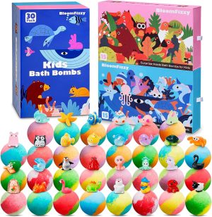 30 Kids Bath Bombs with Surprise Inside – Gift Set with 30 Unique Land & Sea Animal Toys