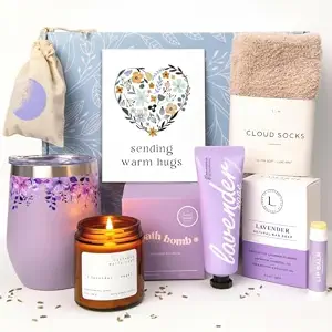 Unboxme Lavender Spa Gift Set for Women — Mother’s Day Gifts with Scented Candle, Bath Bomb, Hand Cream & Wine Tumbler | Self Care Gift Box for Mom