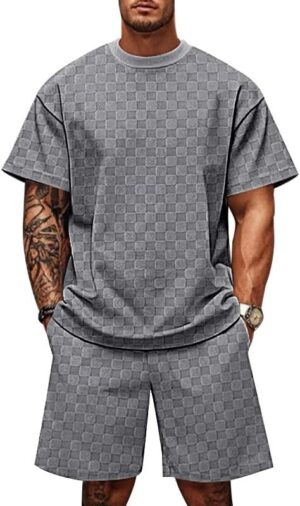Men's 2 Piece Set Summer Outfits Casual Geometric Texture Short Sleeve Shirt and Shorts Track Suits for Men Set