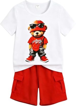 Cakaner Boys' 2-Piece Summer Outfit Short Sleeve Graphic T-Shirt and Cargo Shorts Set Toddler to Big Kid Size 5-10