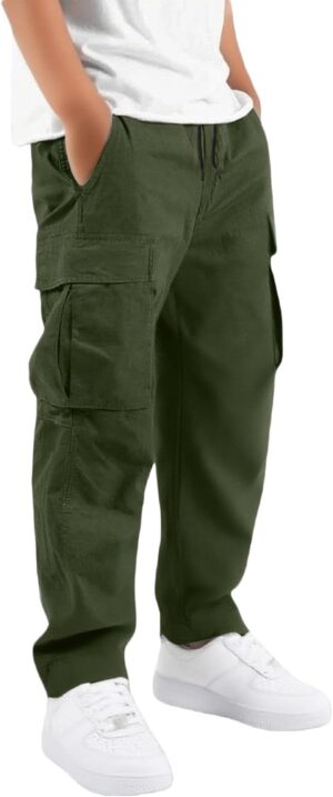 Boys Cargo Pants Kids Youth Baggy Casual Elastic Waist Hiking Pant Jogger Slacks Uniform Trousers for 5-16 Years