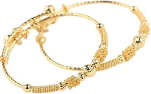 loyoe jewelry 24K Gold Plated Baby Girl Bracelets with Bells, 2-Pack Adjustable Toddler Bangle Jewelry Set, Safe Jingle Bell Charm for Infant Girls Boys Age 2-4 5-8, CPC Certified