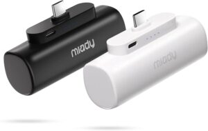 Miady 2-Pack Mini Portable Charger Built-in USB C Connector Small PowerBank 5000mAh丨Lightweight丨for Backpack Travel丨Compatible with iPhone 17 Galaxy Android丨Ultra-Compact丨Flight-Safe丨18Wh丨Black+White
