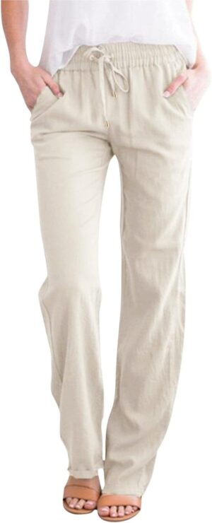 Cotton Linen Pants Women 2025 Casual Straight Leg Drawstring Elastic Hight Waist Trousers Pockets Loose Palazzo Pants