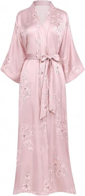 Aensso Long Floral Kimono Robe for Women Silky Lightweight Satin Lounge Robe with Elegant Drape for Bridal, Spa& Lounging