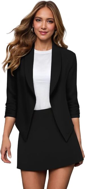 Hybrid & Company Ruched Sleeve Blazer Lightweight fabric, open front silhouette, classic ruched sleeves, suitable for office, business casual, and everyday wear