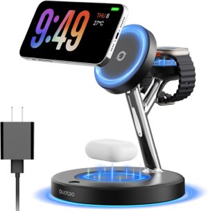 3 in 1 MagSafe Wireless Charger Stand for iPhone Apple Watch AirPods Adjustable Blue Ambient Light,15W Magnetic Charging Station for iPhone 17 16 15 14 13 12 Series wireless charging station
