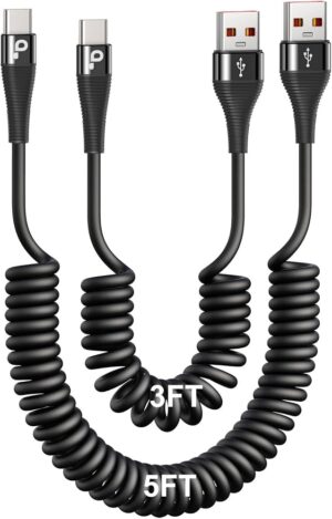 Coiled USB C Cable Fast Charging for Car 3FT/5FT, USB A to USB C Cable Type C Charge Cord USB-C Charging Cable Compatible with iPhone 17/16/15/Samsung Galaxy S20 and More USB C Devices-Black