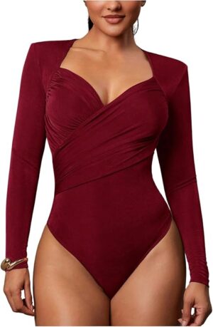 WDIRARA Women's Cross Wrap Bodysuit Ruched Long Sleeve Sweetheart Neck Leotard Body Suit