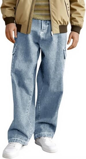 Haloumoning Boys Cargo Baggy Pants Elastic Waist Wide Leg Jeans Casual Demin Pants with Pockets 5-14 Years