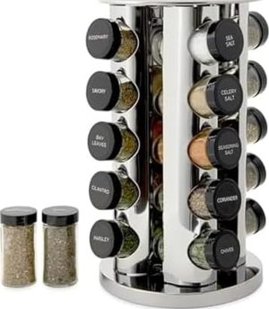 Kamenstein 20 Jar Revolving Countertop Spice Rack with Spices Included, FREE Spice Refills for 5 Years, Polished Stainless Steel with Black Caps, 30020