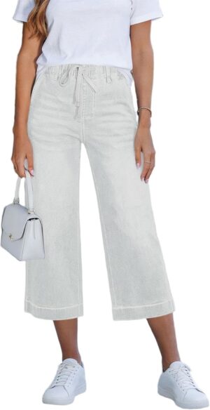 Wide Leg Jean Capris for Women Stretchy Cropped Summer Pants Loose Casual Drawstring Pull-On Denim Capri Jeans