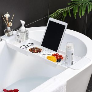 Expandable Drain Bath Shelf Caddy Tray, Multifunctional Plastic Bathtub Tray Bathroom Organizer Simple Stylish Bathtub Storage Rack for Candle Towel, Book, Wine, Phone, Shower