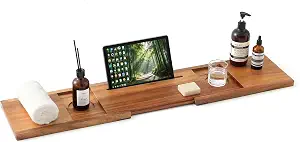 Adjustable Bathtub Tray with Accessories Holder, 32-42 Inches Wood Bath Tray for Tub
