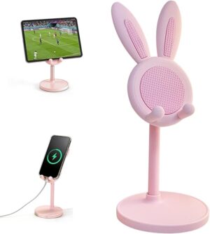 1 Pack Cute Phone Stand，Bunny Favor Cell Phone Stand for Desk，Cute Rabbit Phone Holder Compatible with iPhone, Kindle, iPad, Switch, 4-10in All Phones (Pink)
