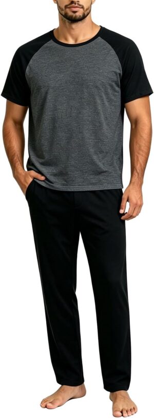 Men's Pajama Lounge Set - Soft 2 Piece Sleepwear with Pockets Men's 2 piece lounge & sleep set, soft breathable, short sleeve top & pants with pockets, relaxed fit for home or travel.