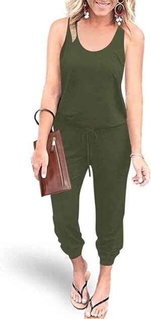PRETTYGARDEN Womens Jumpsuit Casual Summer One Piece Romper Sleeveless Tank Top, Drawstring Elastic Waist, Pockets, Comfy Spring Clothes for Lounge, Cruise Vacation, Airport Travel