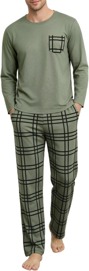 Mens Pajama Set Long Sleeve Soft Sleepwear Loungewear PJS Tops Plaid Pants with Pockets 2 Piece
