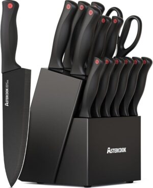 Astercook Knife Set for Kitchen with Block and Sharpener 15pcs German Stainless Steel Kitchen Utensils Set Dishwasher Safe