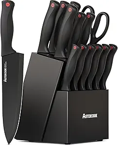Astercook Knife Set for Kitchen with Block and Sharpener 15pcs German | Stainless Steel Kitchen Utensils Set Dishwasher Safe