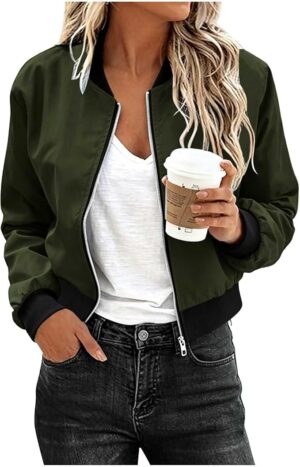 Womens Bomber Jacket Ribbed Collar Zip Front Windbreaker Coat Cropped Fit