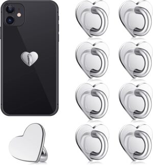 Moxweyeni 8 Pcs Heart Phone Charm Hook,Silver Adhesive Charm Holder, Heart-shaped Metal Finger Grip Loop for DIY Phone Cases, Cute Decoration Accessories for Cell Phones