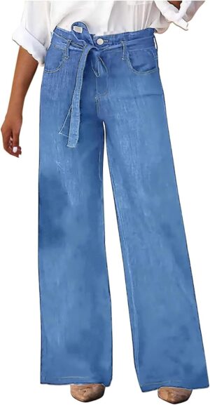 Women's Wide Leg Jeans Casual High Waisted Stretchy Baggy Loose Fit Long Trousers Pull On Denim Pants with Pockets