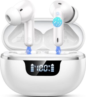 Wireless Earbuds, Bluetooth 5.4 Headphones, Bluetooth In Ear Buds Earphones 50H Playtime LED, Stereo Bass, 4 Noise Cancelling Mics, IP7 Waterproof Sports, USB C Charging White Ear Buds for Android iOS