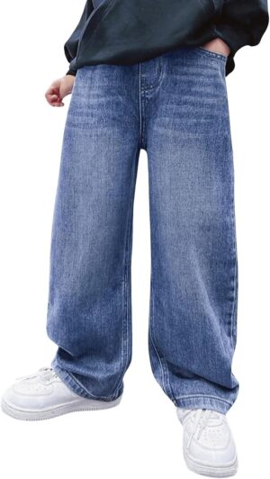 Boys Jeans Straight Leg Elastic Waist Baggy Denim Pants with Pockets Back to School Clothes Teen Boy Outfits Baggy Streetwear Wide Leg Denim Pants Y2k Trendy Preppy Tween Boys Jeans 5-16Y