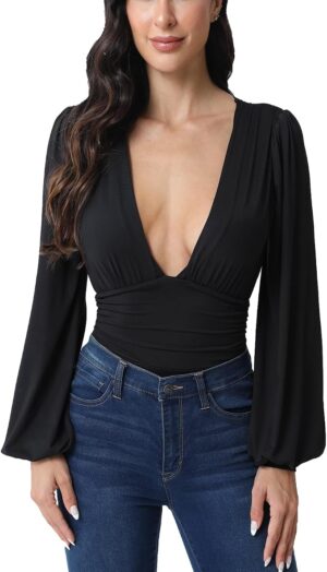 Weigou Women Sexy Long Sleeve Bodycon Slim Fitted Tops Deep V Neck Ruched Bodysuits Leotard Shirts