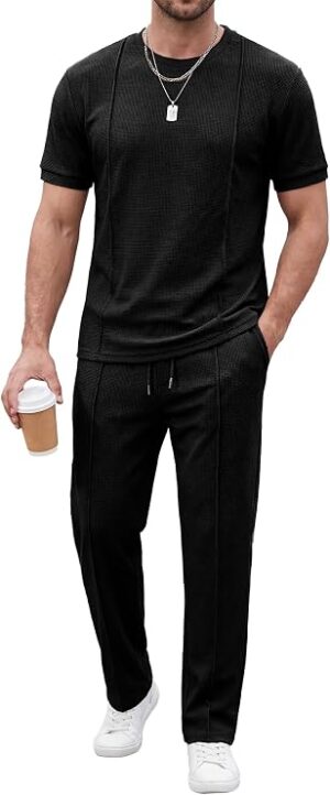 JMIERR Mens 2 Piece Set Short Sleeve Shirts and Pants Summer Textured Suits Crewneck T Shirts, Drawstring Pants, Pockets, Sportwear, Vacation, Athletic, Cruise, Beach, Casual