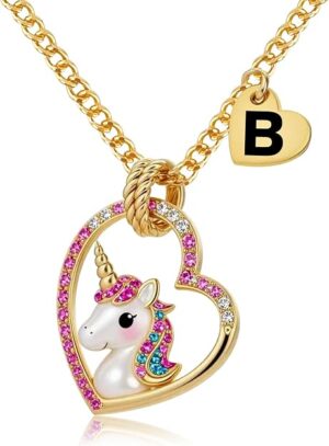 Cute Initial Necklaces for Girls - Colorful CZ Heart Pendant Necklace for Teen Preteen, Personalized Little Girls Jewelry Gifts for Kids