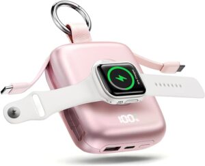 Portable Charger 3 in 1, Smaller 10000mAh Built-in Cables 22.5W Power Bank Travel Essentials, Fast Charging Keychain Battery Pack for iPhone17/16/15/14/13, Android, iWatch Ultra/11/10/9/8, Pink