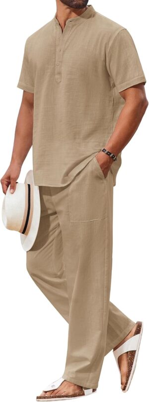 COOFANDY Men's 2 Piece Cotton Linen Sets Beach Outfits Pants and Shirt Set Linen Outfits Set with Pockets, Casual Short Sleeve Henley Shirts, Beach Pants with Pockets, Summer Vacation Yoga Outfits