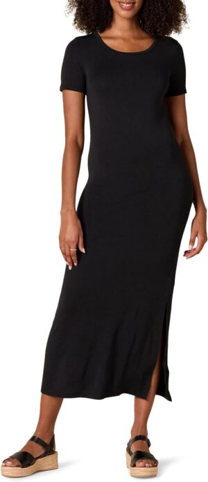 Amazon Essentials Women's Jersey Standard-Fit Short-Sleeve Crewneck Side Slit Maxi Dress