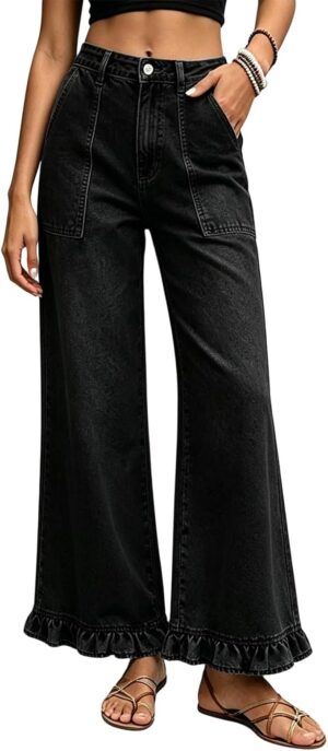 Wide Leg Jeans for Women High Waist Stretchy Baggy Ruffle Denim Flare Pants Womens Jeans Straight Leg Womens Jeans High Waisted
