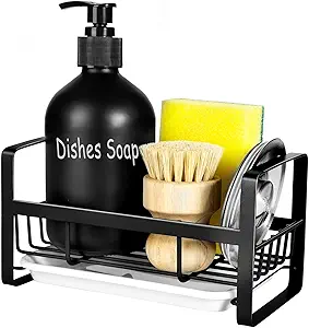 TEZZ Sponge Holder for Kitchen Sink- Stainless Steel Kitchen Sink Caddy for Organizing Sponge, Brush & Soap Dish Dispenser, coutertop Organizer Rack with Adhesive or Counter top, Black