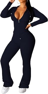 PINSV Women 2 Piece Outfits Workout Bodycon Tracksuit Long Sleeve Zip Up Hoodie Jacket Matching Flared Pants Sets Dark Blue A L