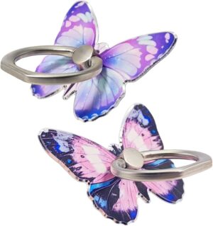 Click to see full view Alexa AI Ask Alexa  Can it be used on tablets?   Does it stick well to phone cases?  SponsoredWhy choose HZZADZXW phone grips?   Is the ring adjustable?   Why you might like this   Ask something else 2 Pcs Butterfly Cell Phone Ring Stand Holder, Cute Butterfly Design Finger 360° Rotating Metal Hand Phone Stand Holder, with Adjustable Knob Loop (Purple, Blue)