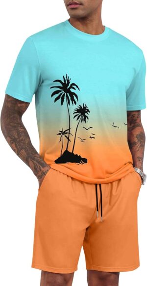 LecGee Men's 2 Piece Short Sleeve Tracksuit Tropical Graphic T Shirt Hawaiian Tee Solid Shorts Set Summer Casual Outfits