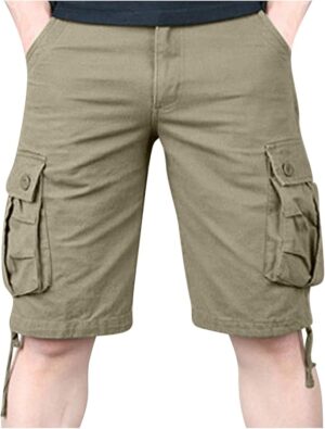 Mens Cargo Shorts 7 Inch Inseam Stretch Waist Solid Multi Pockets Tooling Shorts Summer Loose Fit Athletic Shorts