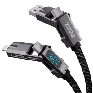 pzoz 4-in-1 Multi Charging Cable with LED Display, One Cable for USB-C & Lightning Devices, 60W Fast Charging Cord, USB A/C to USB C/Lightning for iPhone 17/16/15, iPad, MacBook, Samsung(5 ft)