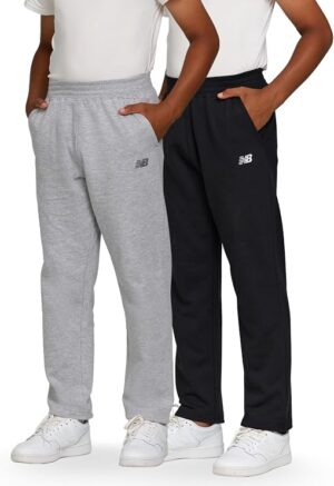 New Balance Boys Sweatpants 2-Pack, Open Bottom Active Joggers, Size 4-20 Soft Cotton Blend Fleece, Elastic Waistband, Side Pockets, Straight Leg Fit, 2-Pack Value, Pull On Pants, Comfy Sweats