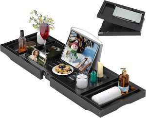 Bathtub Tray Caddy, Expandable Bamboo Bath Tray for Tub | Foldable Bath Table Trays with Non-Slip Pads, Bathroom Spa Accessories, Ideal Gift for New Home & Mom's Birthday, Black