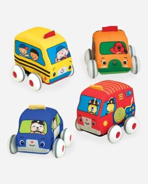 Melissa & Doug K's Kids Pull-Back Town Vehicle Set - Baby Toys Set with 4 Soft Toy Cars and Trucks, Surface Washable with Removable Wheels, Learning Toys for Babies and Toddlers