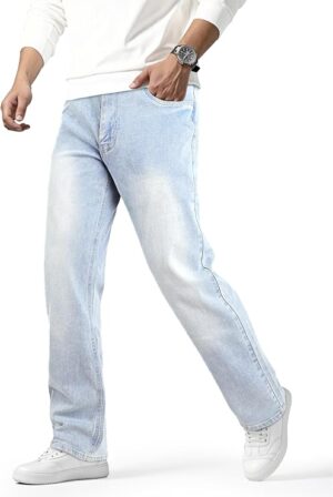 Heyfanee Mens Straight Fit Jeans Stretch Denim Pants for Men Classic,Straight Leg,Timeless Denim Look,Comfortable Through the Thigh,Versatile for Work, Weekend, and Everyday Style.