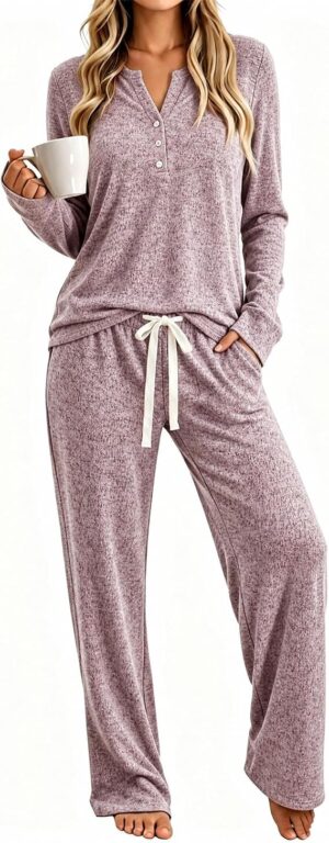 Womens Pajamas Set Long Sleeve Loungewear 2 Piece Henley Sleepwear Sets Soft Casual Home Wear with Pocket