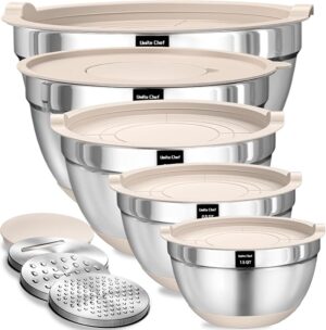 Umite Chef Mixing Bowls with Airtight Lids Set, 8PCS Stainless Steel Nesting Bowls with Grater Attachments, Non-Slip Bottoms, 5, 4, 3.5, 2, 1.5QT for Mixing & Serving