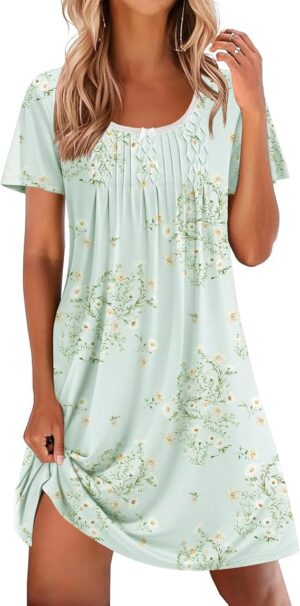 Ekouaer Nightgowns for Women Pleated Sleep Shirts Short Sleeve Night Shirts